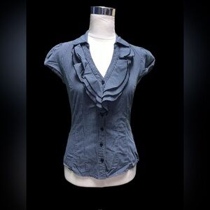 Bongo Black Pin Strip Ruffled Button Down Blouse
